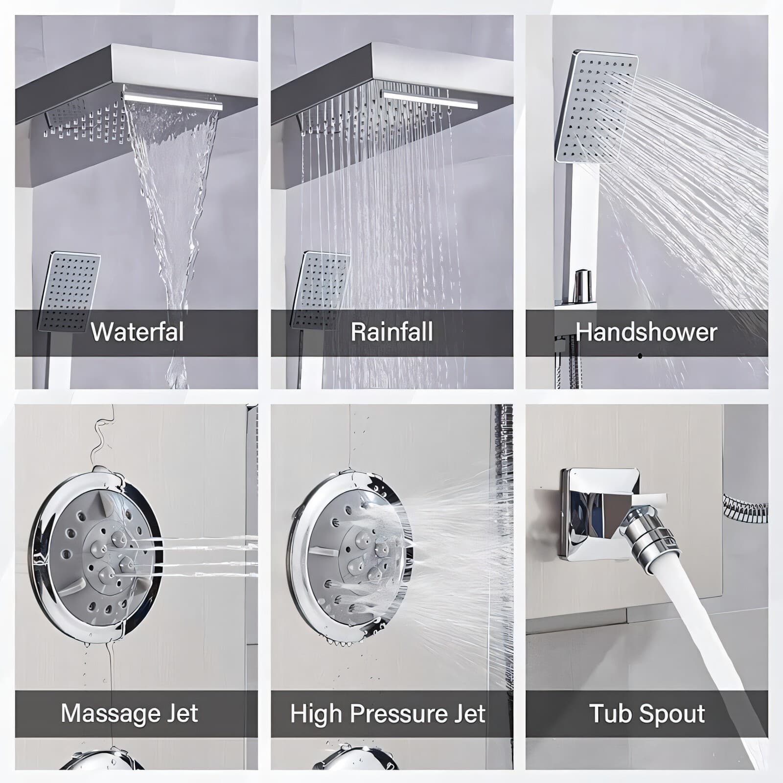 Stainless Steel LED Rain Waterfall Shower Panel Tower Column System Massage Jets 5