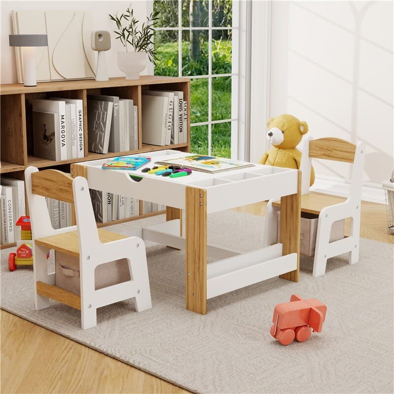 Kids 2 in 1 Play Table & Chairs Set w/ Storage & LEGO Compatible Building Block 3