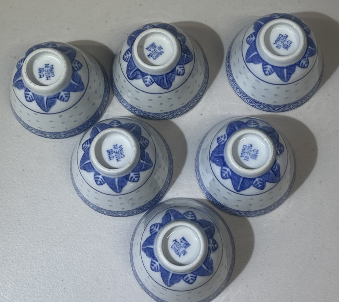 Vintage 6 Chinese Floral Blue White Porcelain Rice Eye Grain Bowl Jingdezhen 3” 5