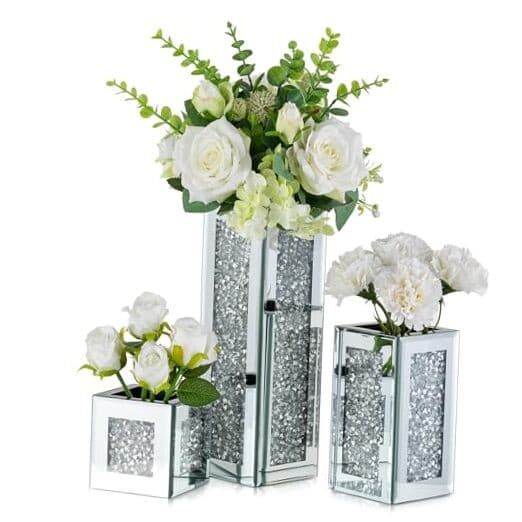 Silver Rectangle Glass Vases for Decor:  Tall Crushed Diamond Mirror Vase for 