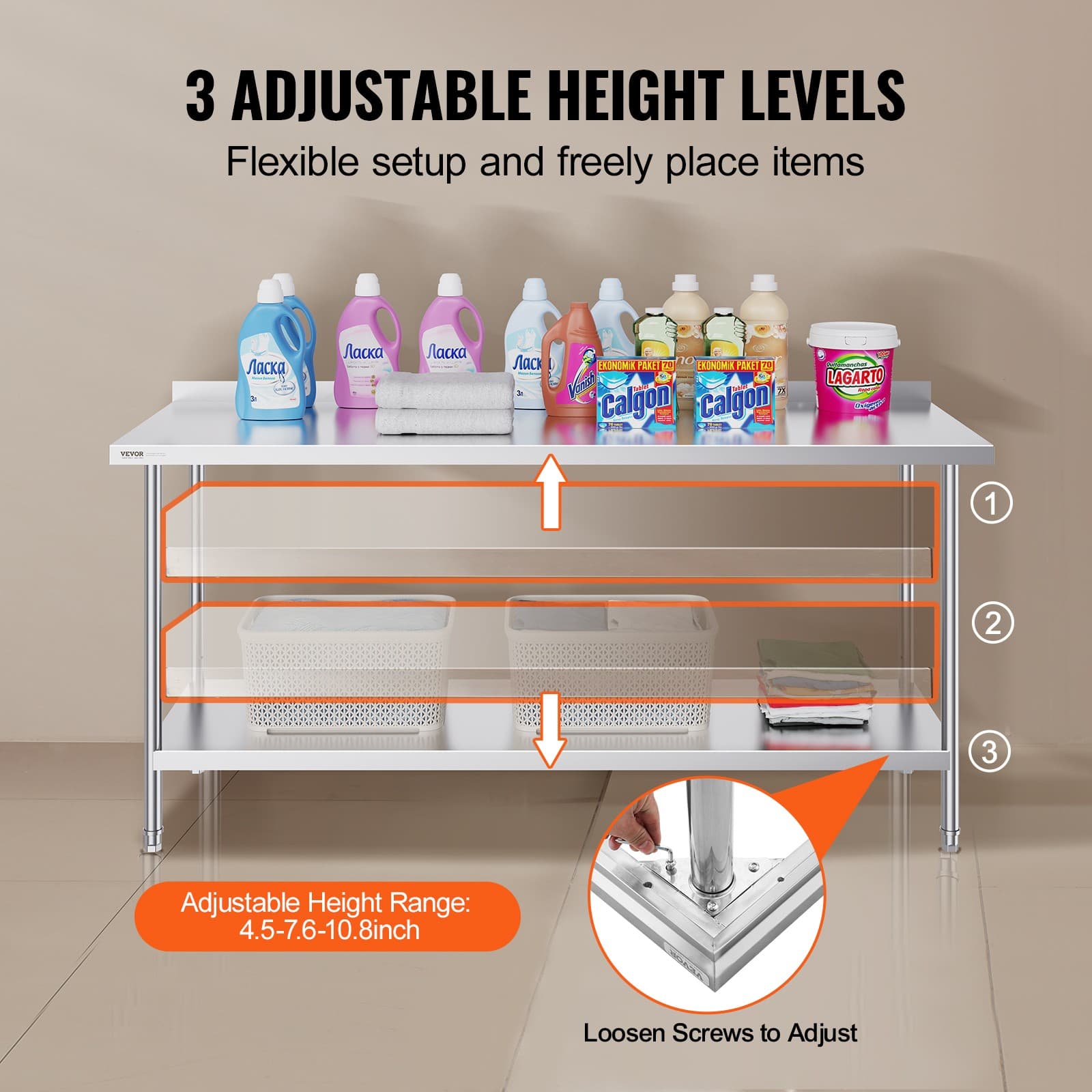 VEVOR Stainless Steel Work Table Commercial Kitchen Work Food Prep Table 24"x72" 5
