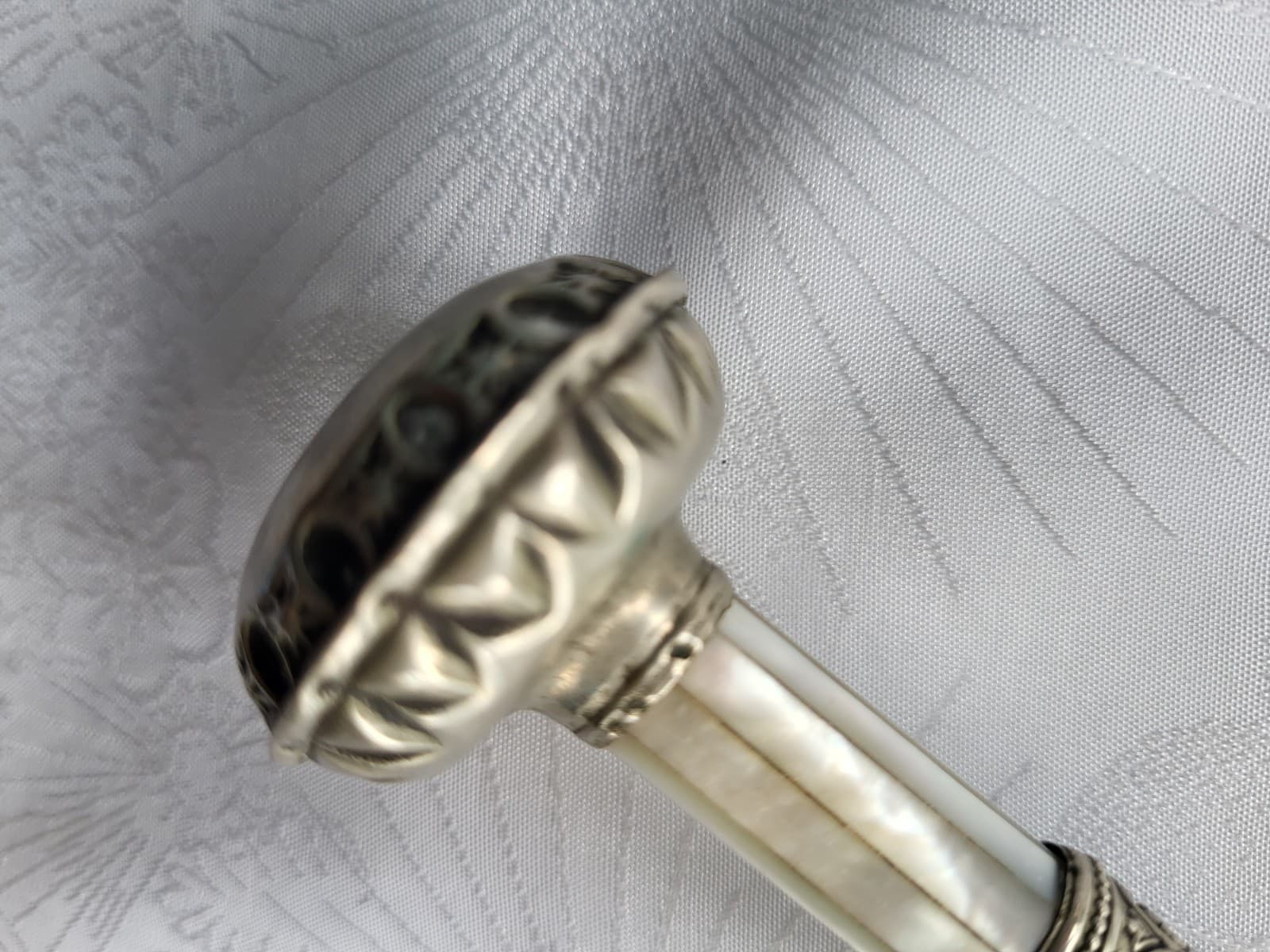 Antique Victorian German Silver Umbrella Parasol Cane Handle w Mother Of Pearl 6