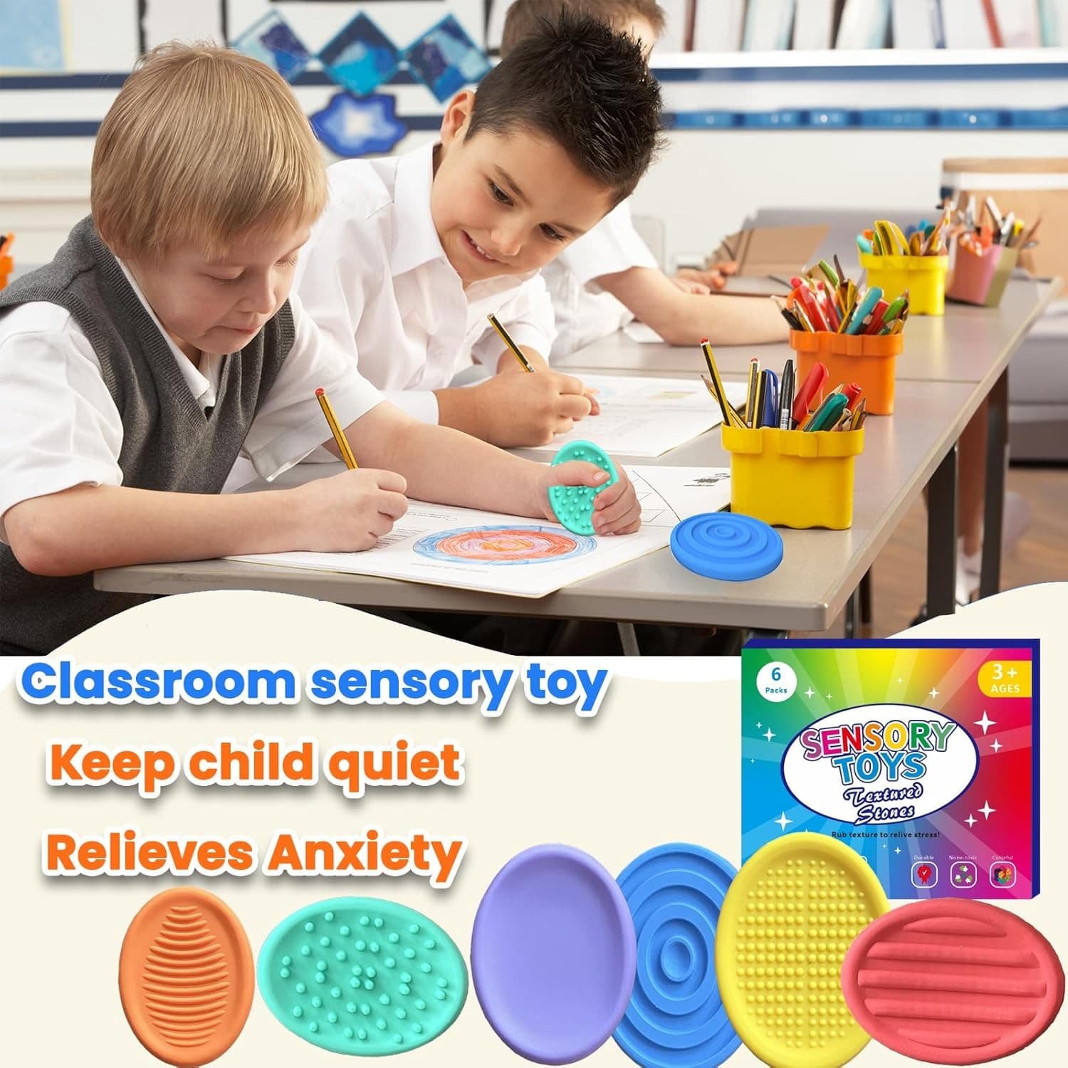 Fidget Toys for Kids Adults, 6Pcs Textured Sensory Stones Autism ADHD...  4