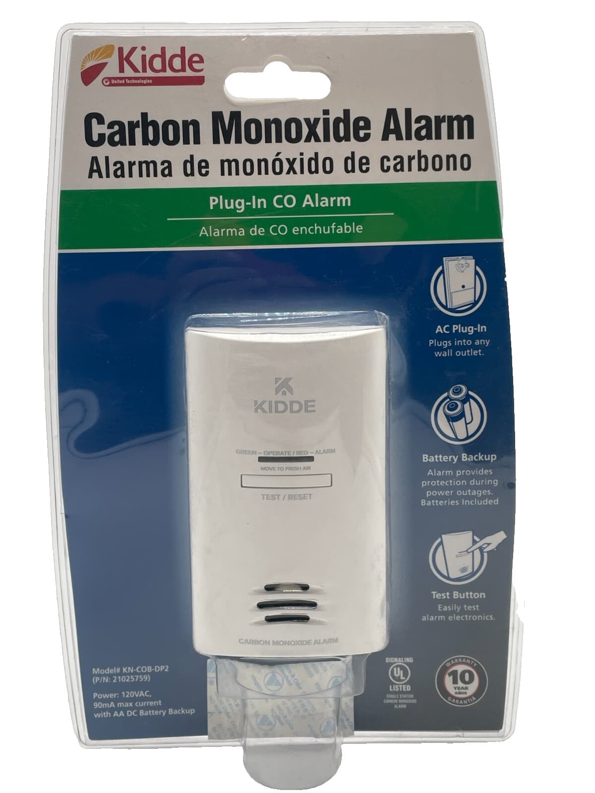 Kidde Carbon Monoxide Alarm KN-COB-DP2 Plug-In w/ Battery Backup & Test Button