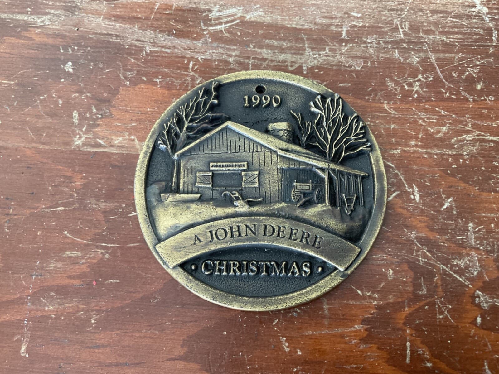 John Deere 1990 Antique Brass Christmas Ornament 2 1/2” Round 2
