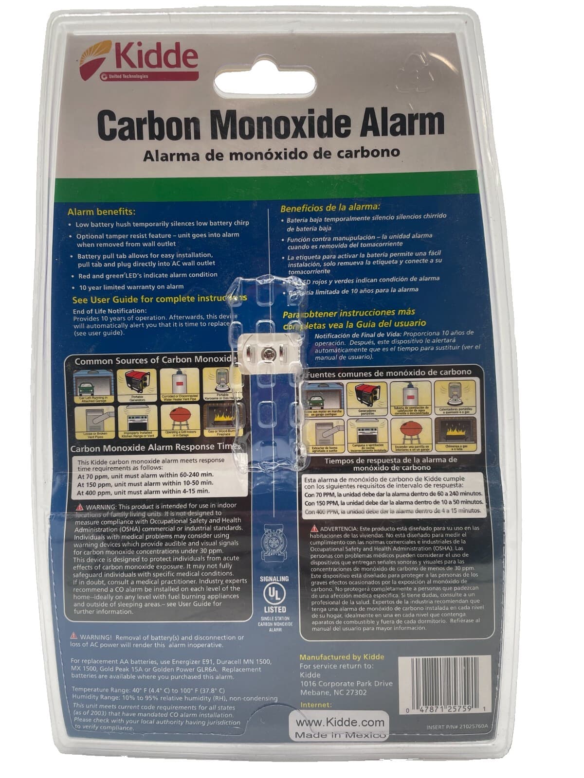Kidde Carbon Monoxide Alarm KN-COB-DP2 Plug-In w/ Battery Backup & Test Button 3