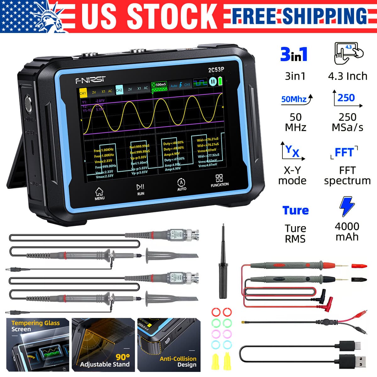 FNIRSI-2C53P LCD 2 Channel Signal Generator Digital Storage Oscilloscope 3-in-1