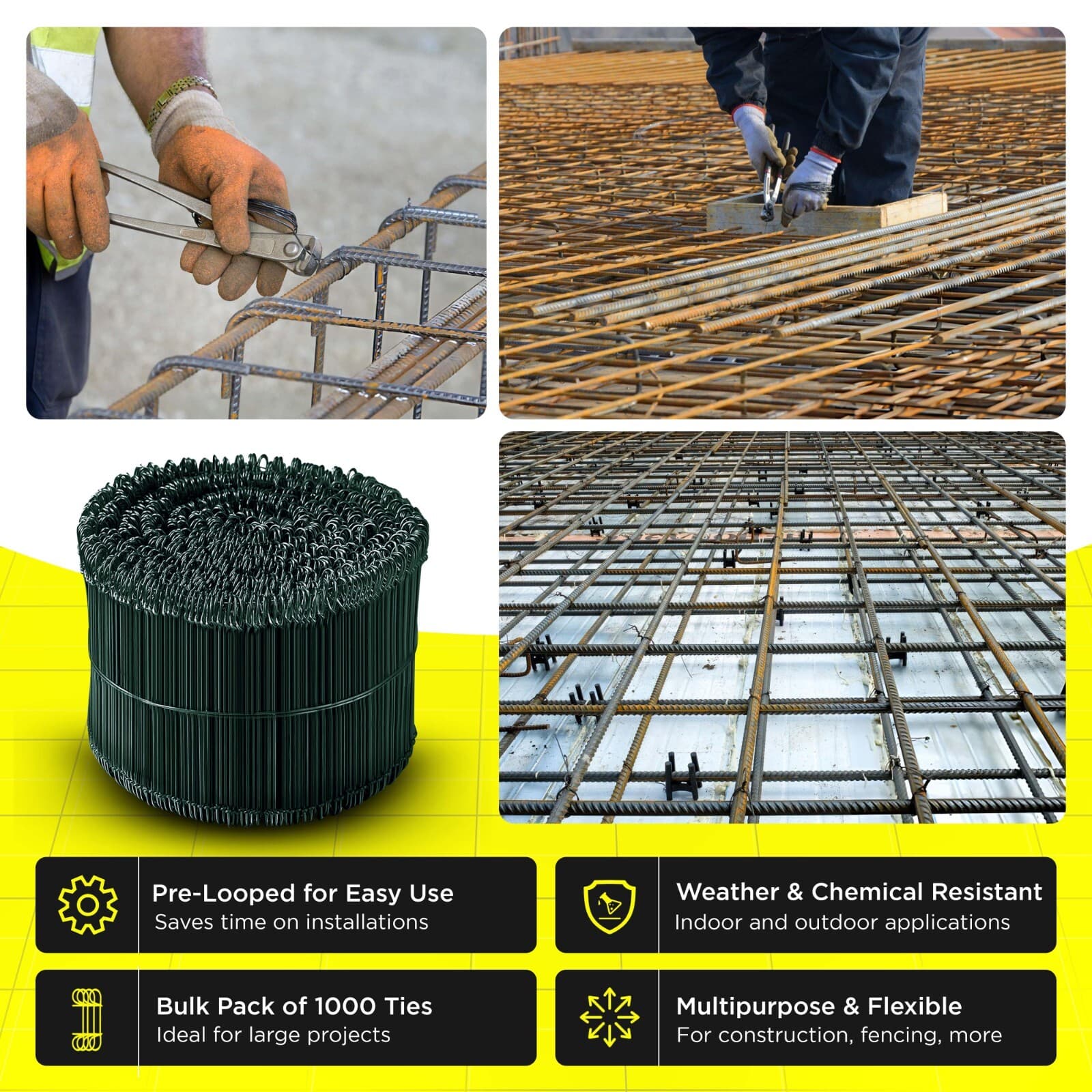 8 Inch x 1000pc GREEN PVC COATED Double Loop Rebar Wire Tie, 17 Gauge SIMBASTEEL 5