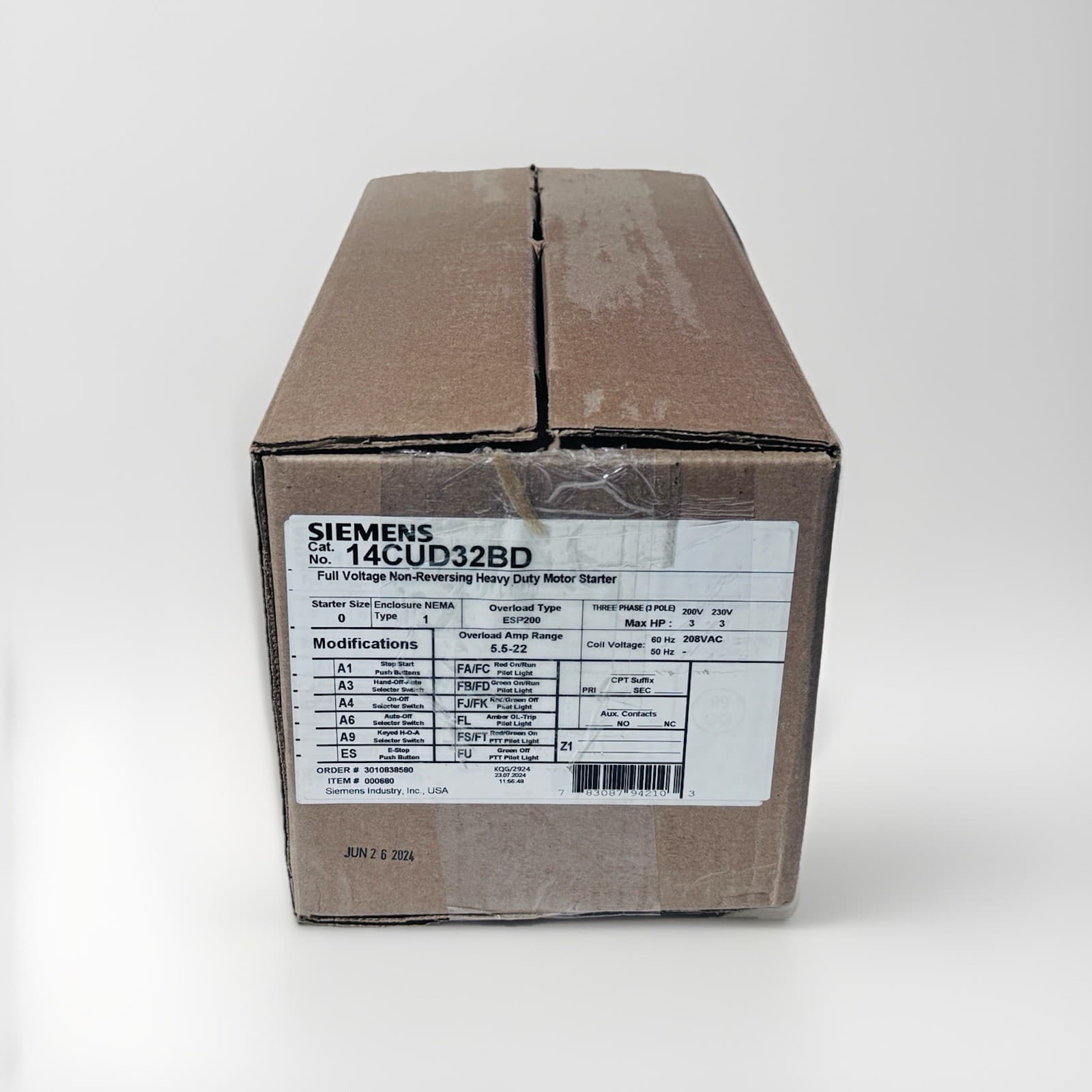 Siemens 14CUD32BD Nema Magnetic Motor Starter, Non-Reversing, 208V AC, 3-Pole 3