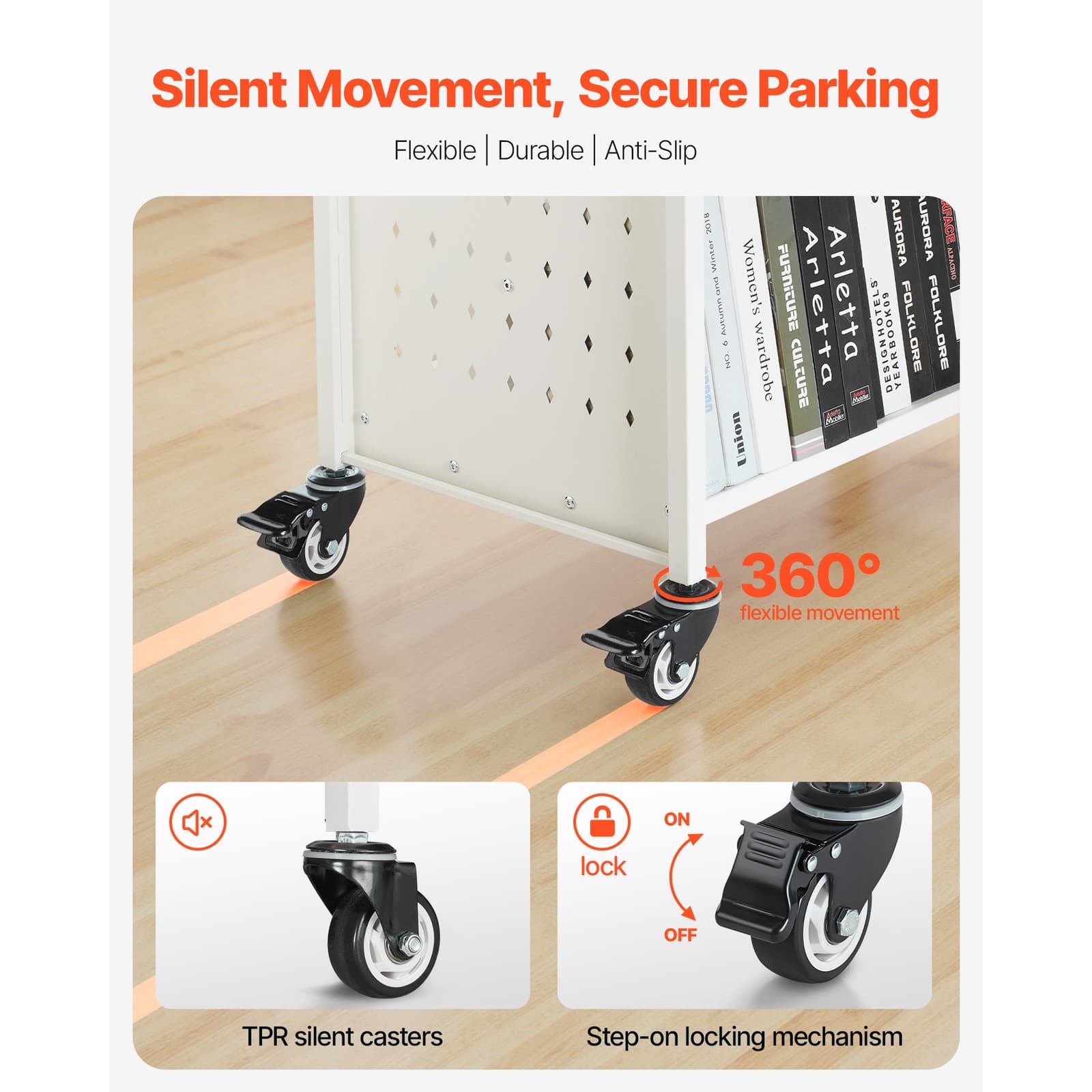 3-Tier Rolling Book Cart Double Sided W-Shaped Shelves Book Truck in White 4