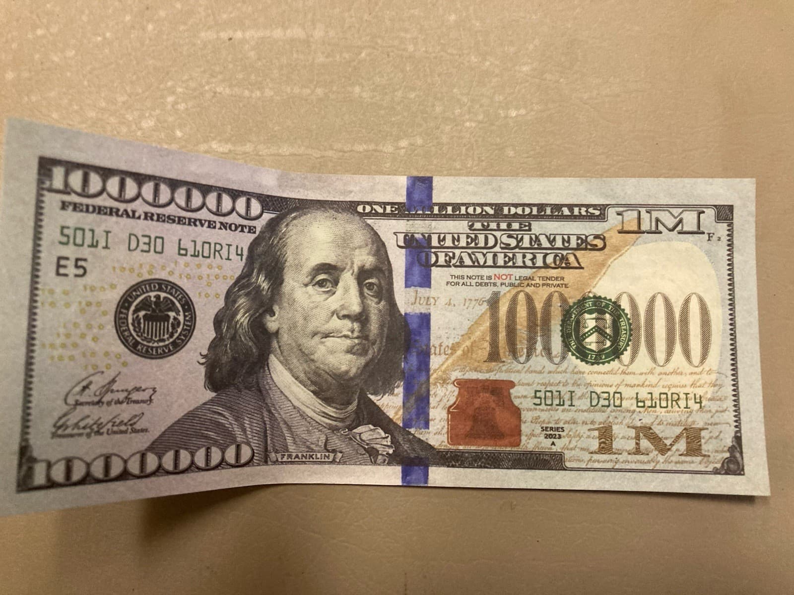 Reproduction Of A United States Million Dollar Bill With An Encouraging Message