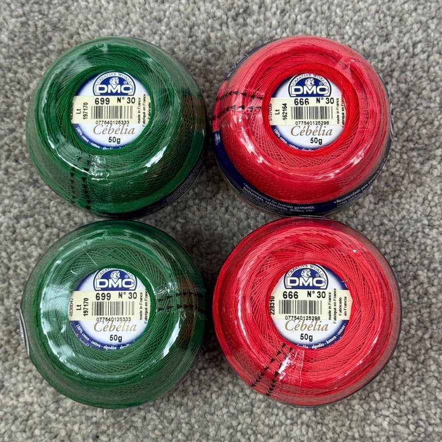 4 DMC Cebelia Crochet Cotton Thread Balls No 30 50g (2) 666 Red & (2) 699 Green 2