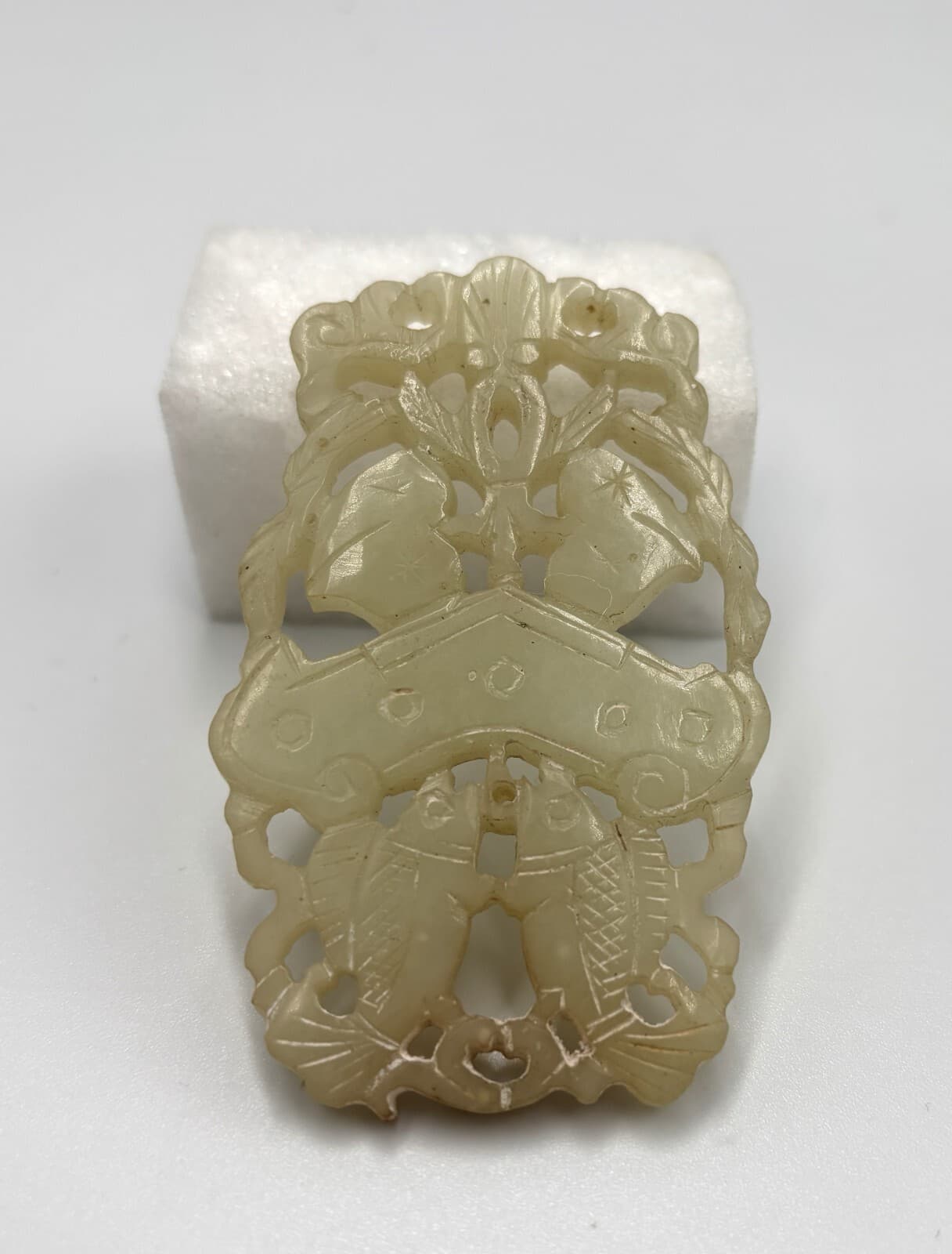 CHINESE QING DYNASTY CARVED JADE  PENDANT PLAQUE 2 SIDED FISH FINE ANTIQUE 2