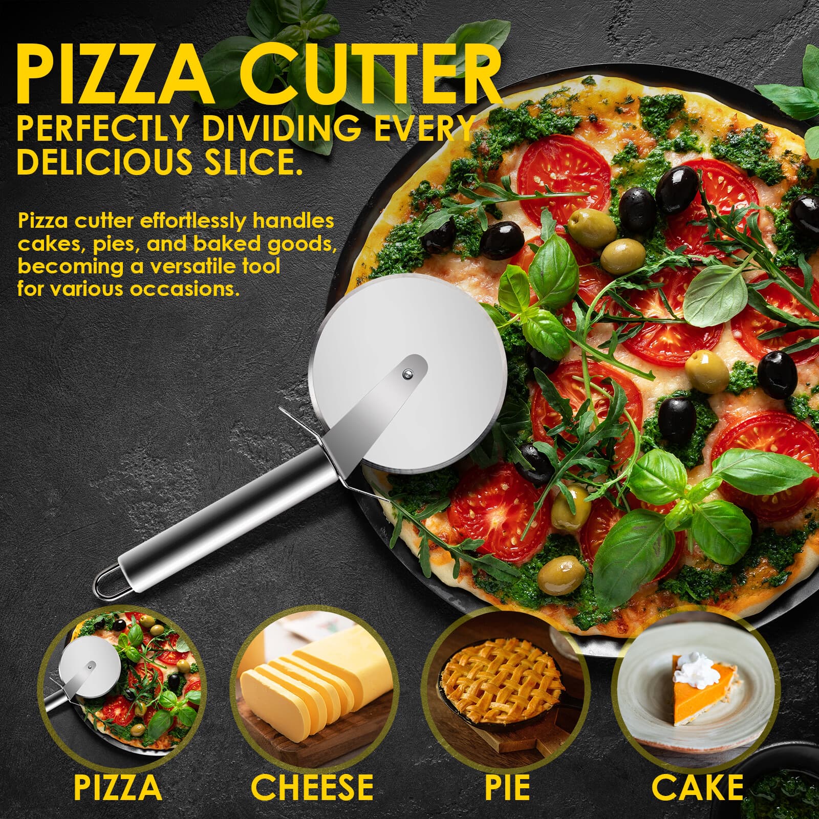 Premium Stainless Steel Pizza Cutter Wheel Thumb Guard Protection DishwasherSafe 5