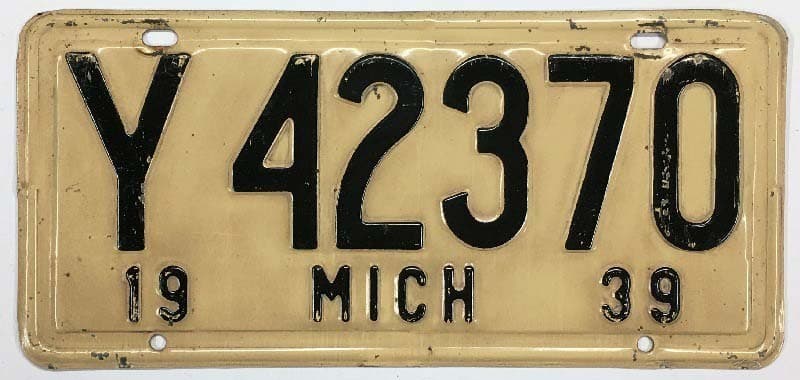 Michigan 1939 License Plate Y 42370 Wayne County Man Cave Farmhouse Decor
