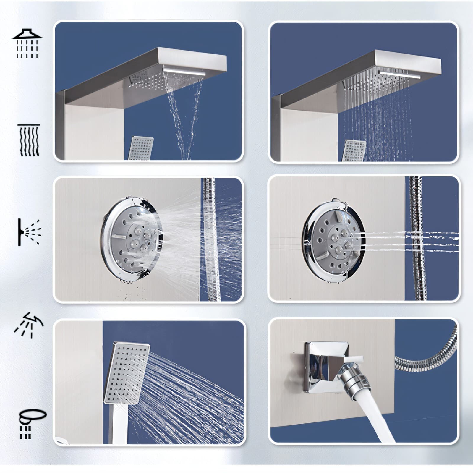 Stainless Steel LED Rain Waterfall Shower Panel Tower Column System Massage Jets 4