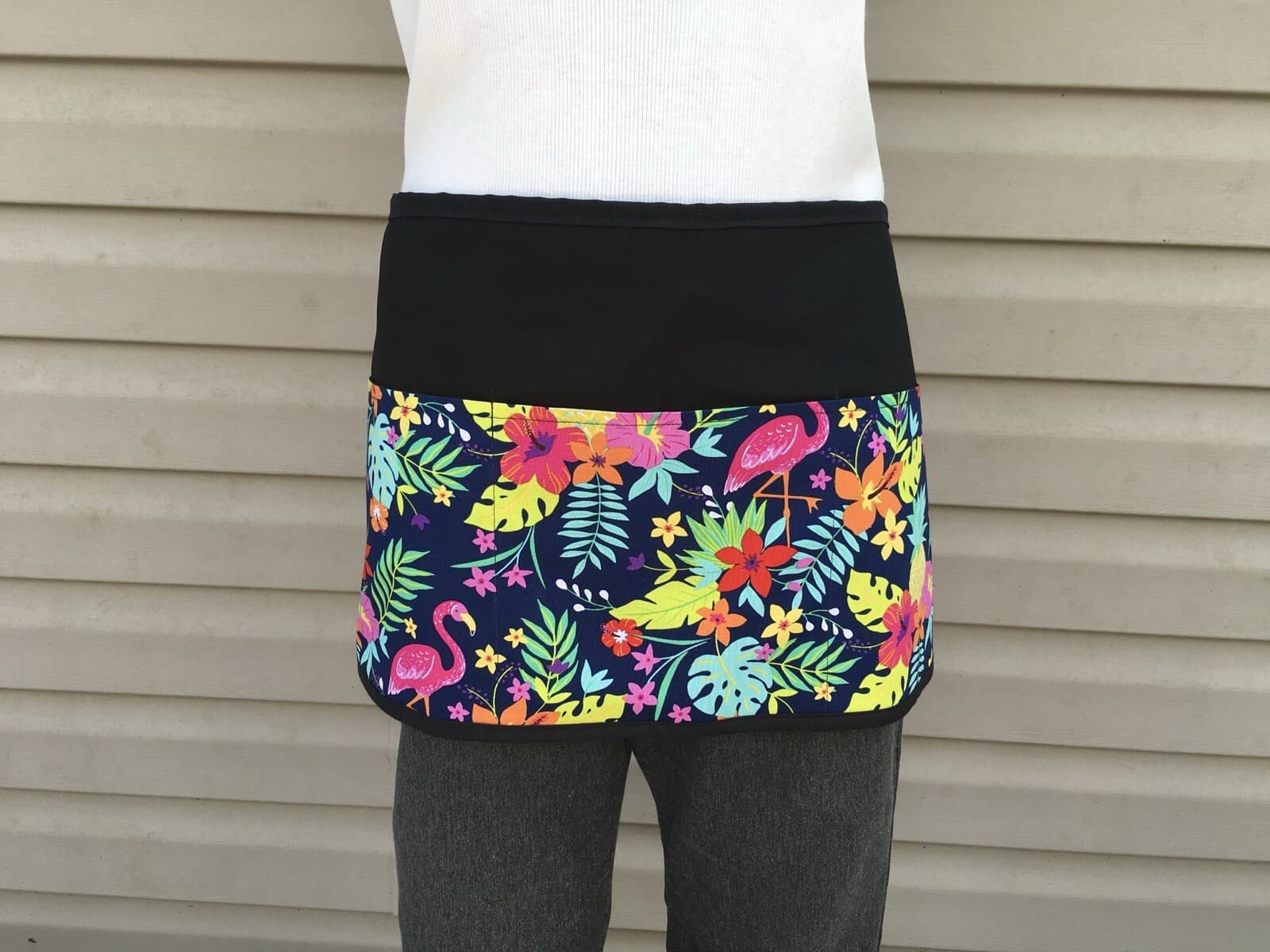 Tropical Spring Flowers server waitress Black Half Apron 3 pocket restaurant