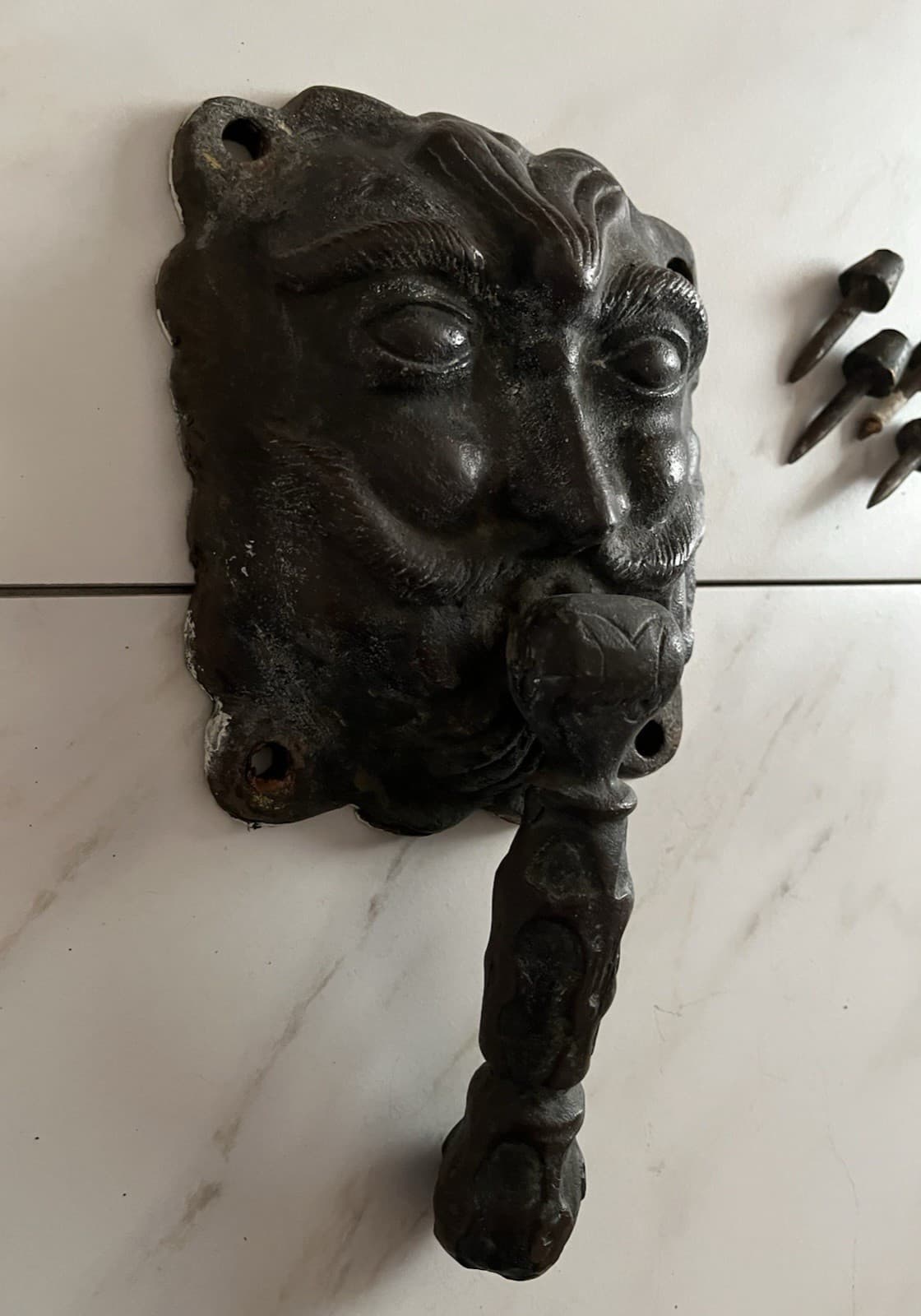 11" ANTIQUE c.1886 VICTORIAN GREEN MAN NORTH WIND FACE DOORKNOCKER 6