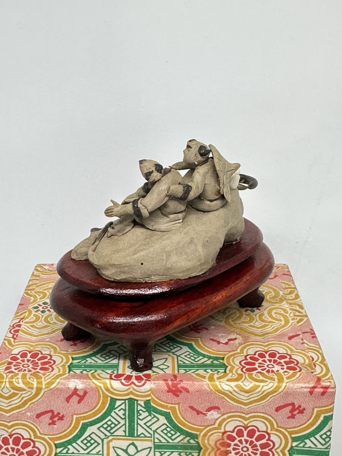 Chinese Miniature Mud Men Two Men on Ox on Base Boxed READ 4