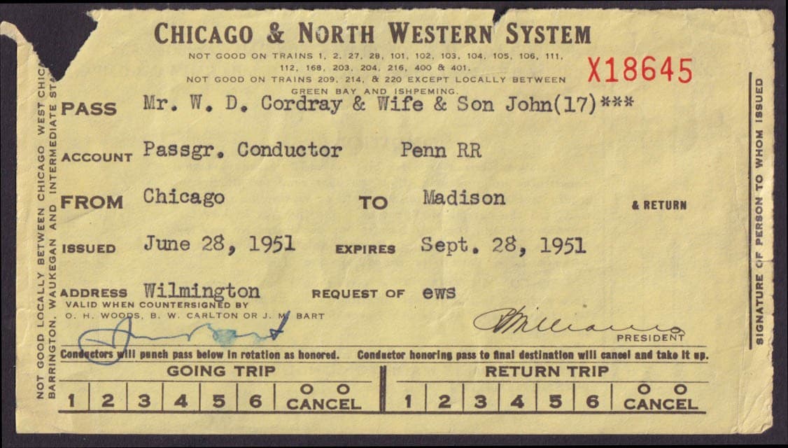 Chicago & North Western Railroad Trip Pass 1951 Conductor Chicago-Madison WI