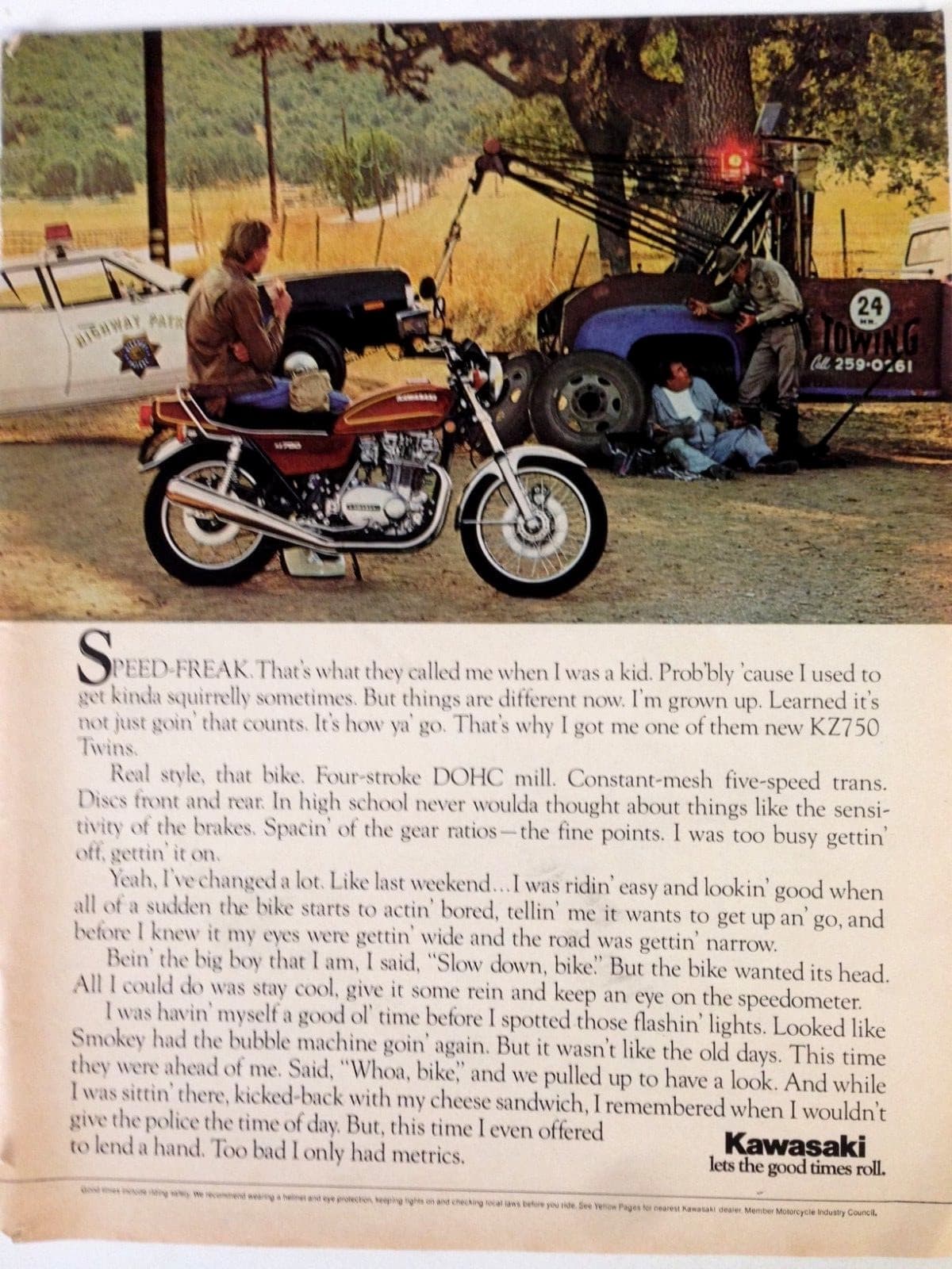 1976 Kawasaki KZ750 Motorcycle Print Ad