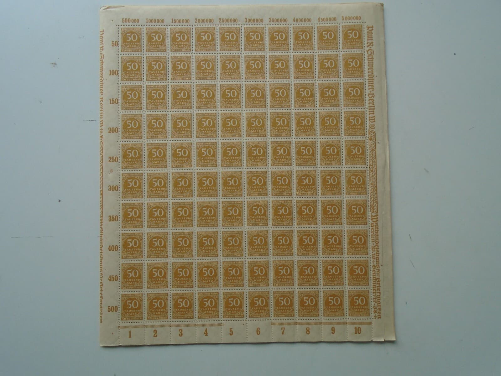 Germany - SG313 50T DM 1923 yellow bistre. 10 x complete sheets of 100 stamps. 6