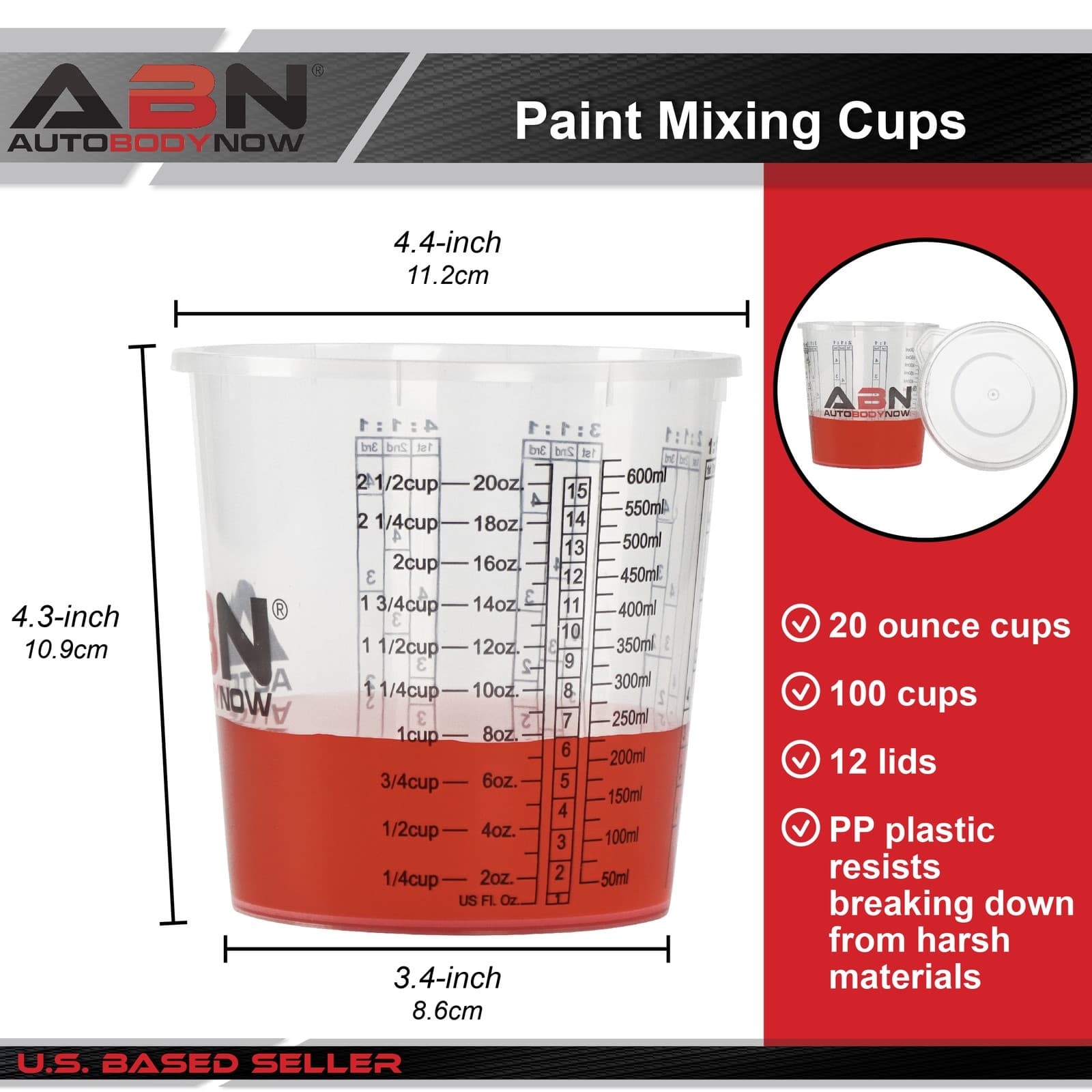 ABN Automotive Paint Mixing Cups - 100 Pack 20oz Plastic Measuring Mixing Cups 2