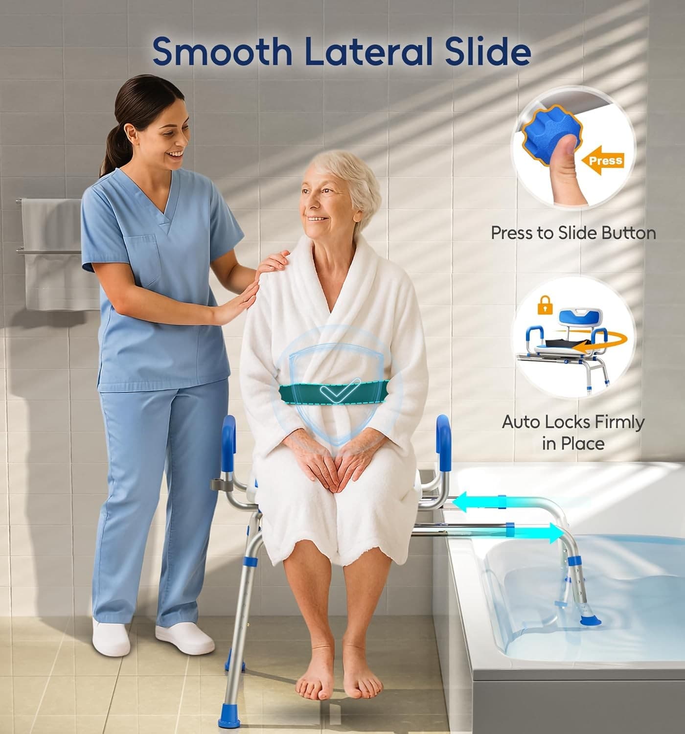Sliding shower chair with swivel seat, tub bench, non-slip arms & safety belt 5