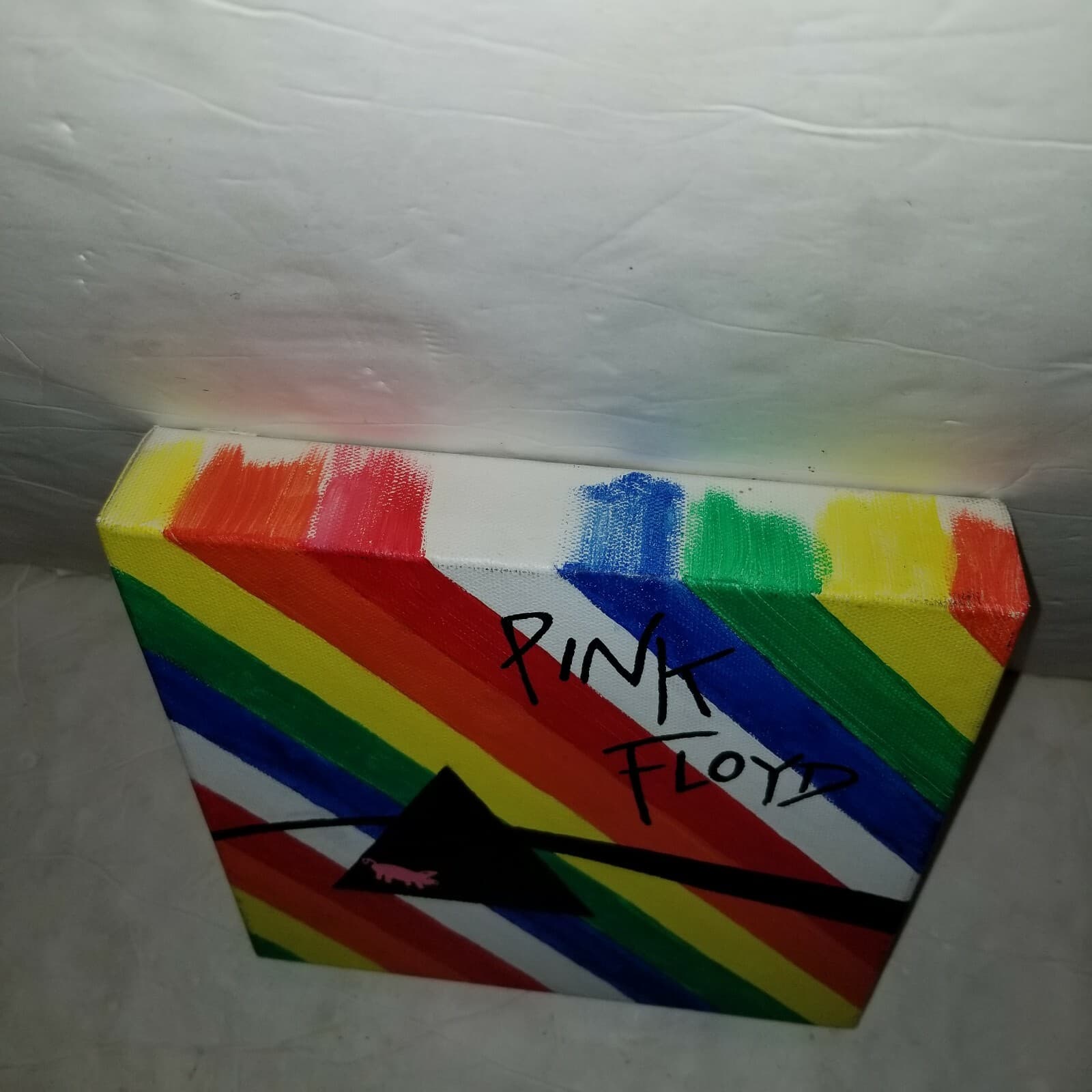 Pink Floyd Painting 8" Canvas Watercolor Rainbow Stripes Triangle Unique - EUC 4
