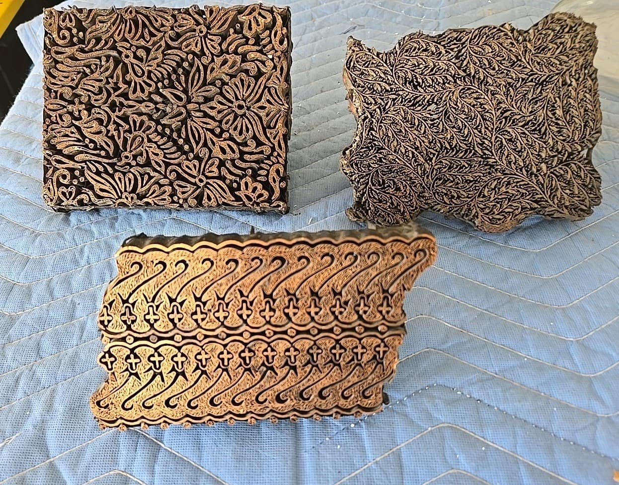 Vintage Batik Stamp Copper Tjap Chop Fabric Hand Printing Handled Block Set of 3 2