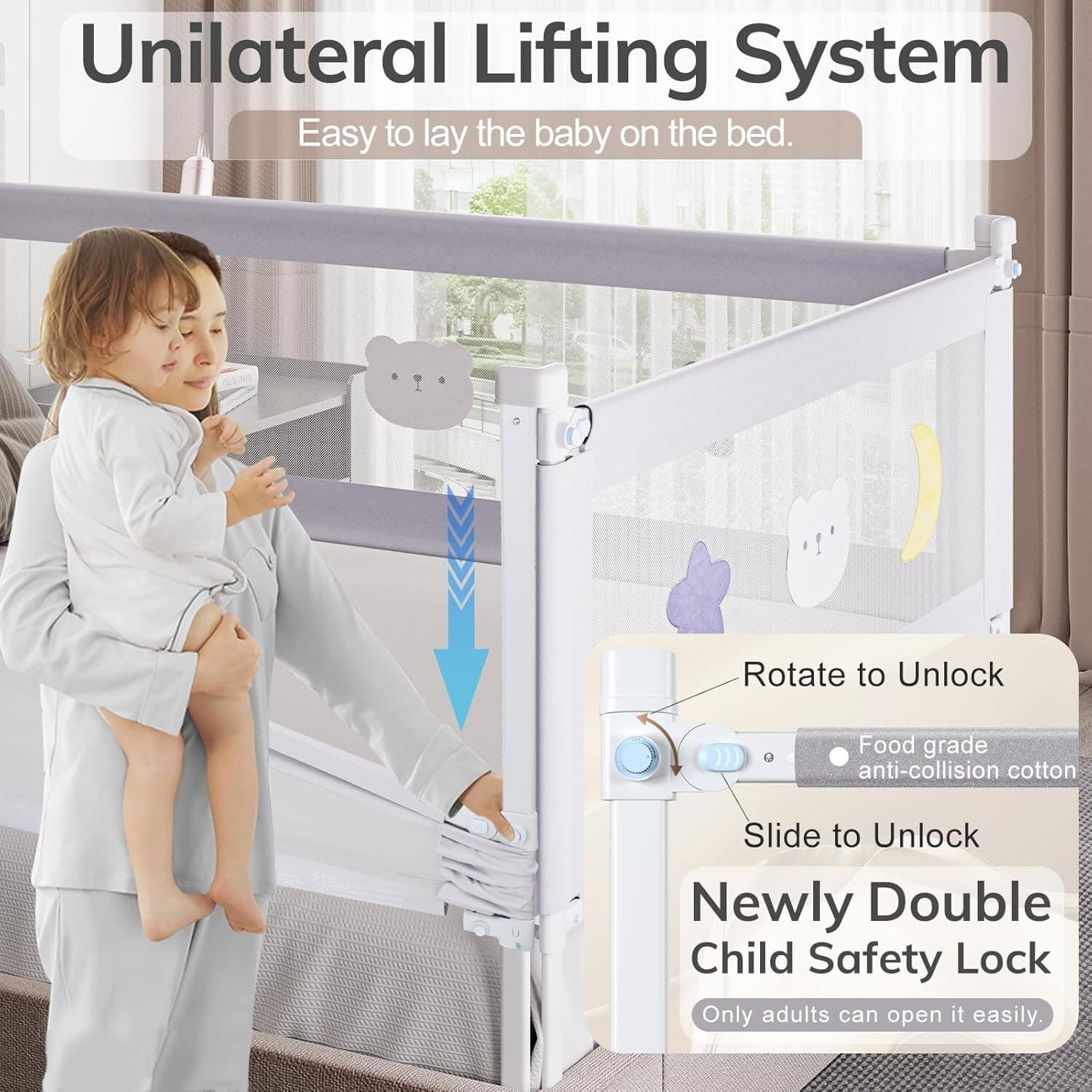 Toddler Bed Rails w/ Double Child Lock Height Adjustable, Full 3 Pack, 54x75x75” 4