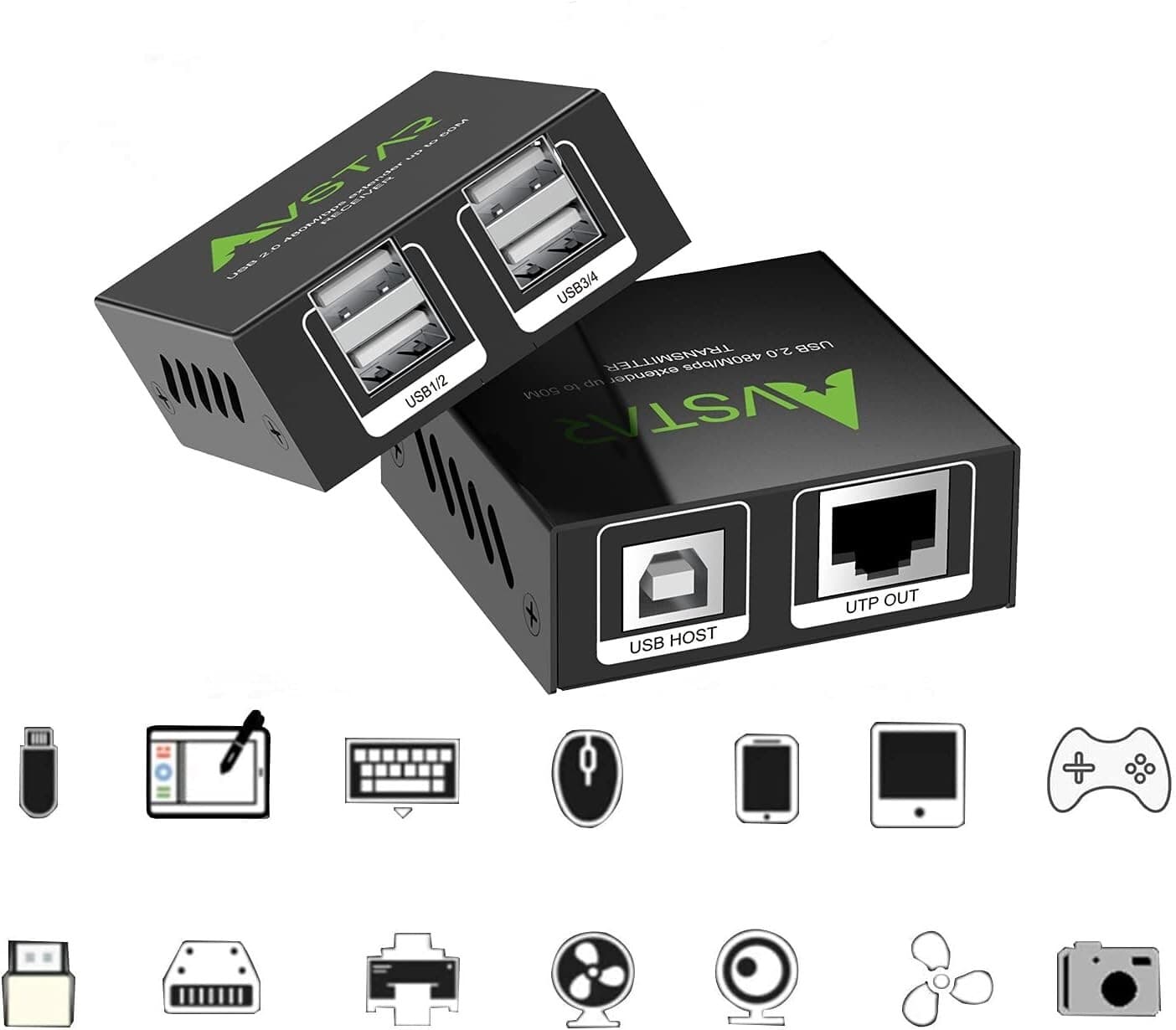 Avstar USB 2.0 extender over ethernet 165ft 50m AV-EX50-USB cat5e/6,  5V Power 2