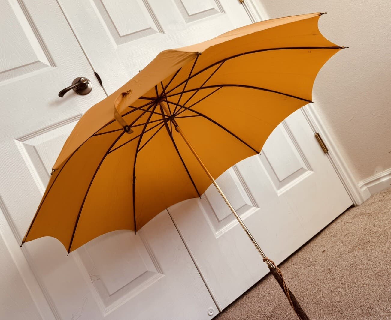 RARE ANTIQUE PK Polan Katz Nylon Umbrella Parasol Gold Brass Handle Tassel 2