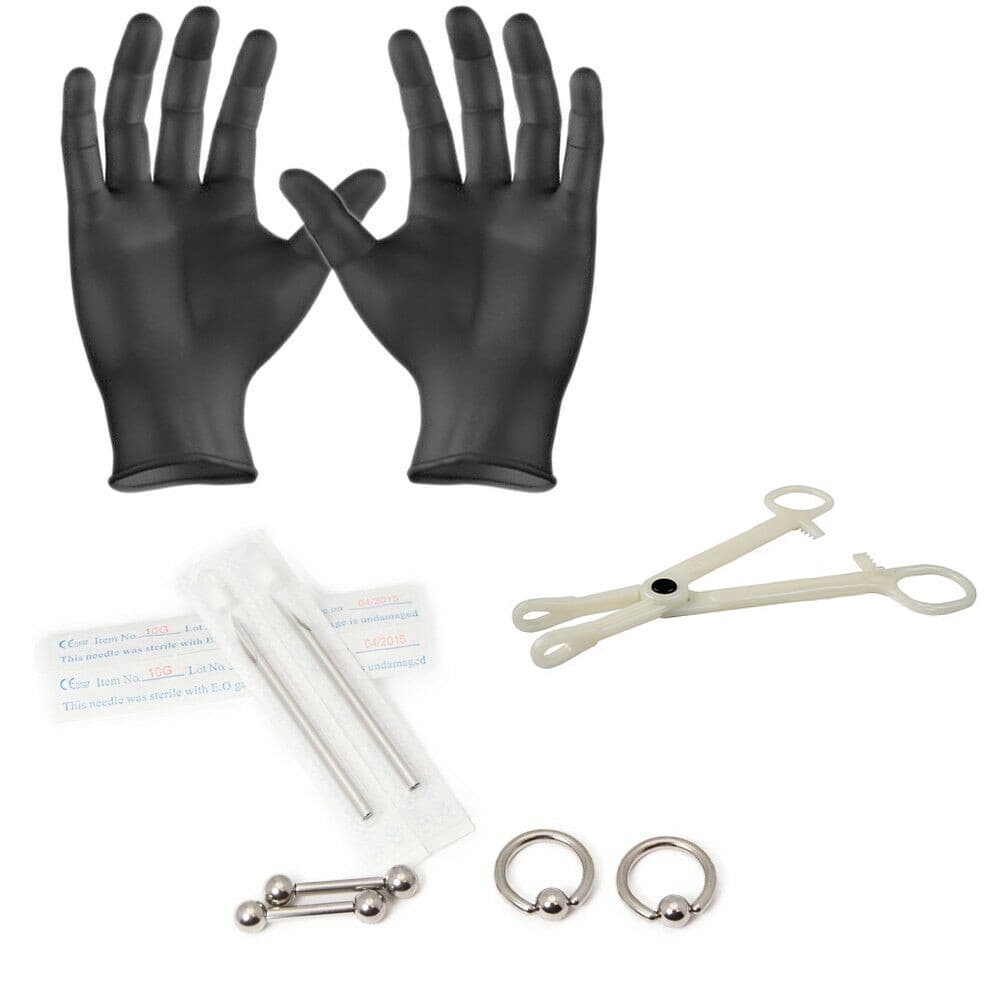 Piercing Kit incl. Captives Barbell Needles Forceps Gloves 10 Gauge 10 Pcs