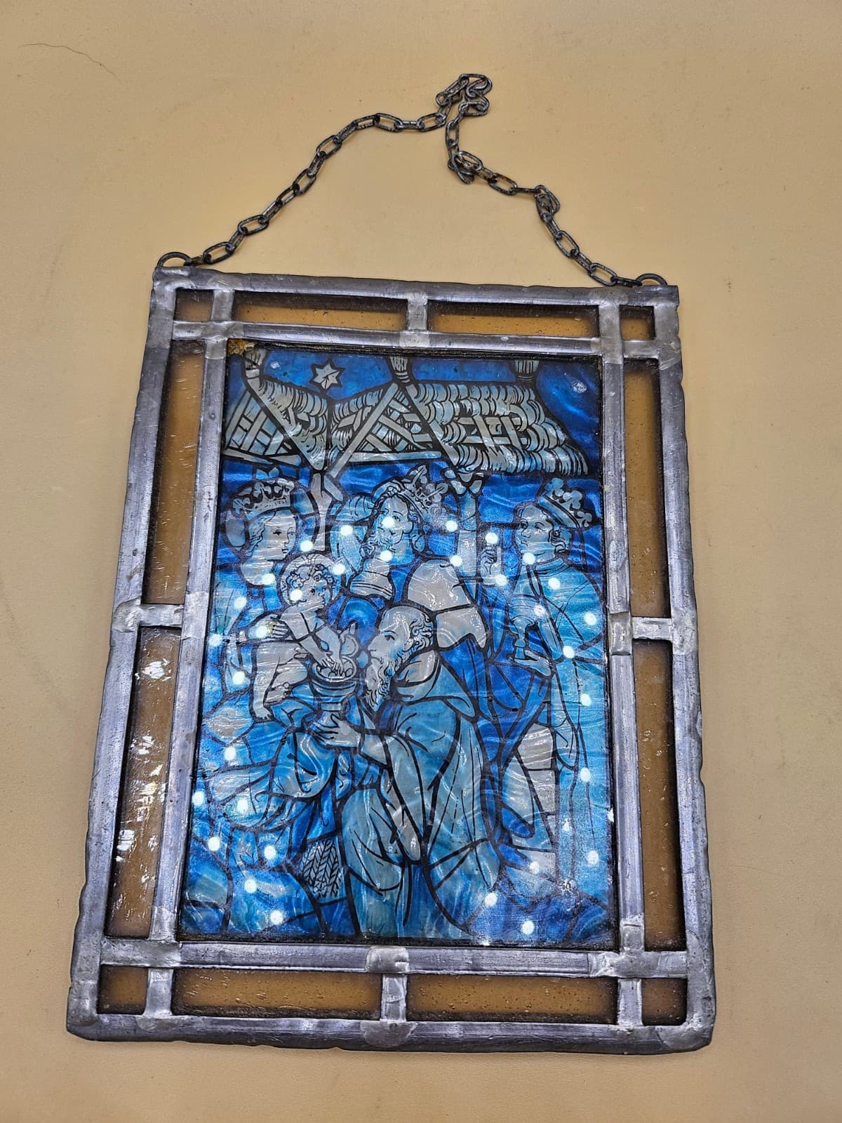 Small Stained Glass Image of the Magi greeting the Christ Child, Blue and Silver 4