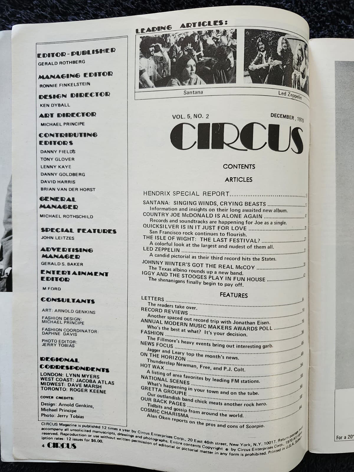 1970 Circus Music Magazine~Death Of Jimi Hendrix + Joni, Zeppelin, Iggy, Sly VF 4