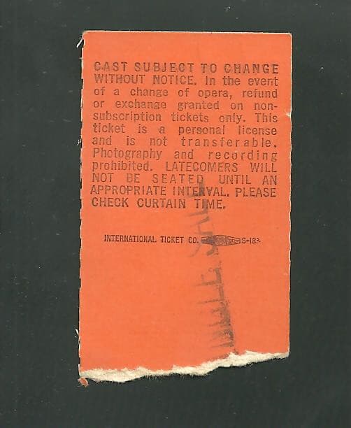 Vintage Metropolitan Opera MET Ticket Stub Lincoln Center NYC Jan 1978 1/26/78 2