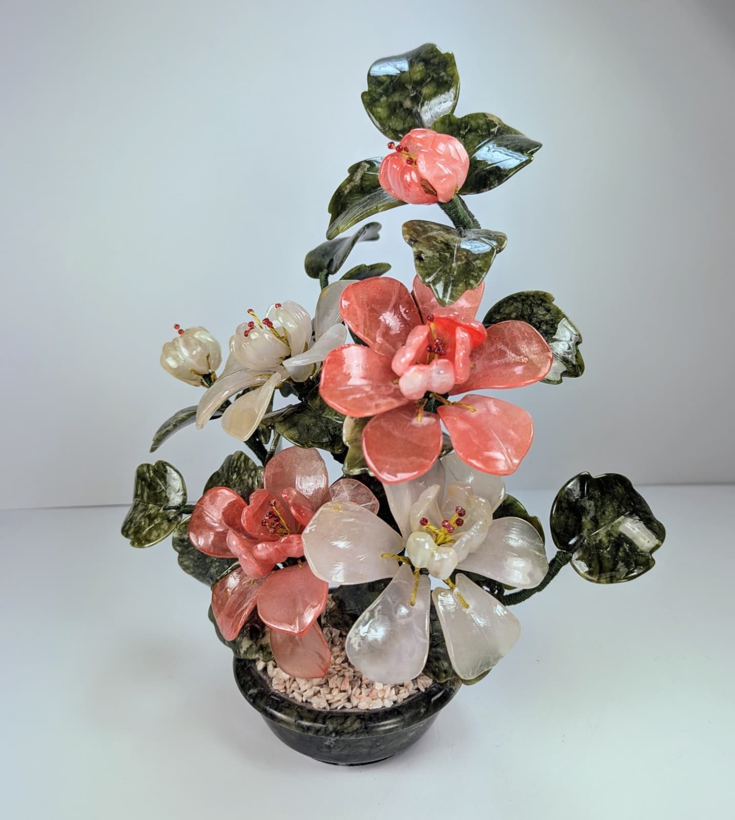 VTG Chinese BONSAI Tree Jade CHERRY BLOSSOMS White Red FLOWERS Agate Stone 13"T 6
