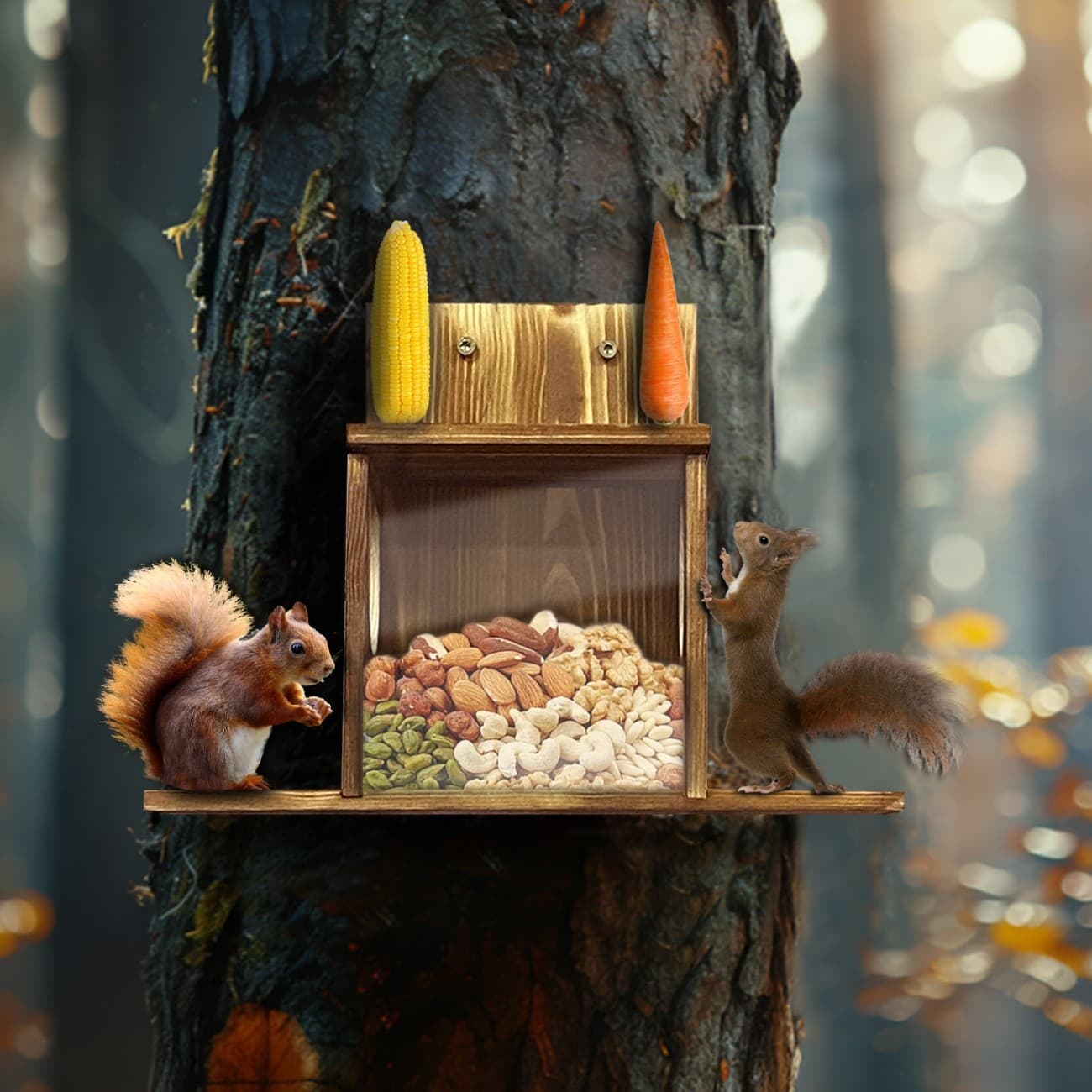 Durable Tree Wall Wooden Squirrel Feeder Pine Wood Feeding House w/ Food Storage