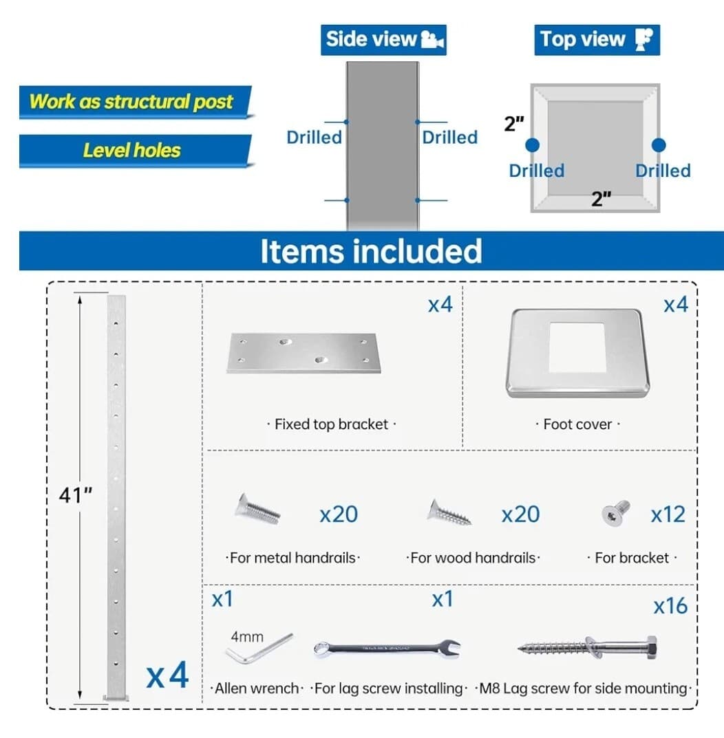 4 Pack Level drilled Cable Railing Line Post 42"x2"x2" Adjustable Top Level Deck 3