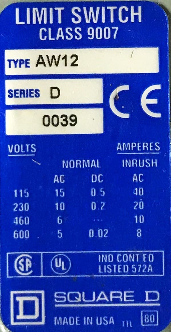 Square D Class 9007 Series D Limit Switch AW-12 NOS 6