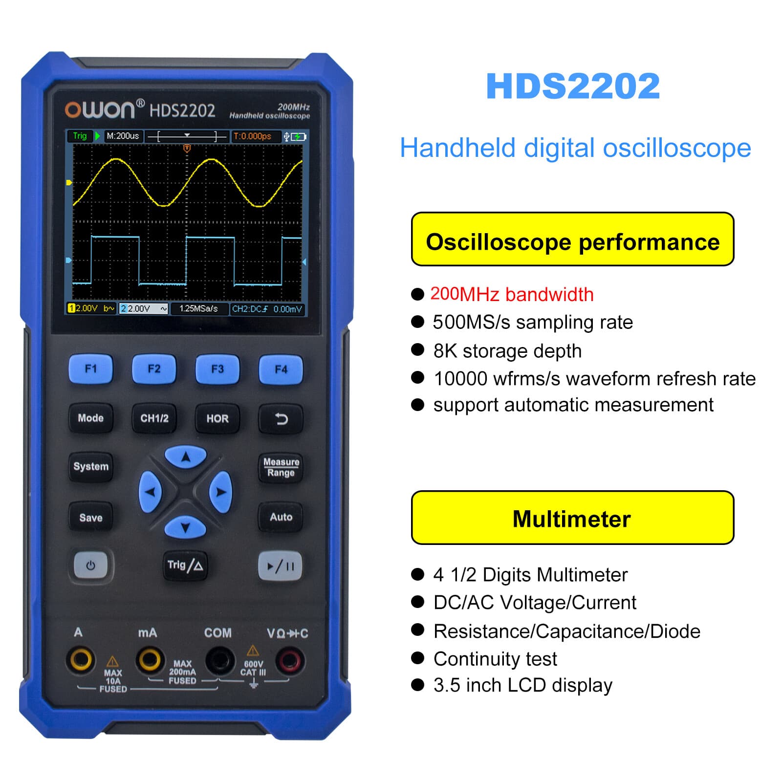 Owon HDS2102/2202 Series Digital Oscilloscope 100MHz/200MHz 2 Channels True RMS 6