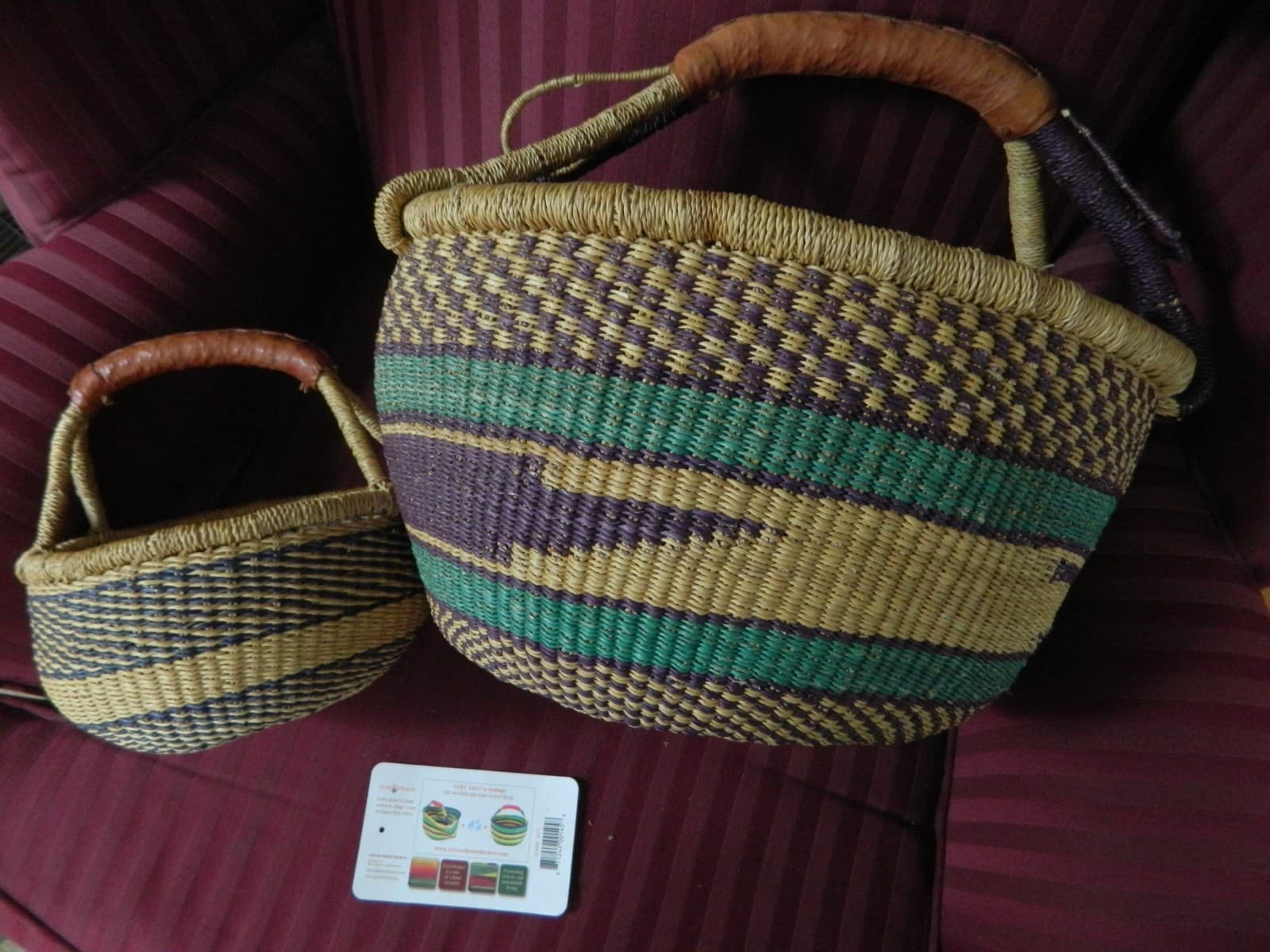Lot of 2 Authentic Large Small African Ghana Market Baskets NWT New Turquoise