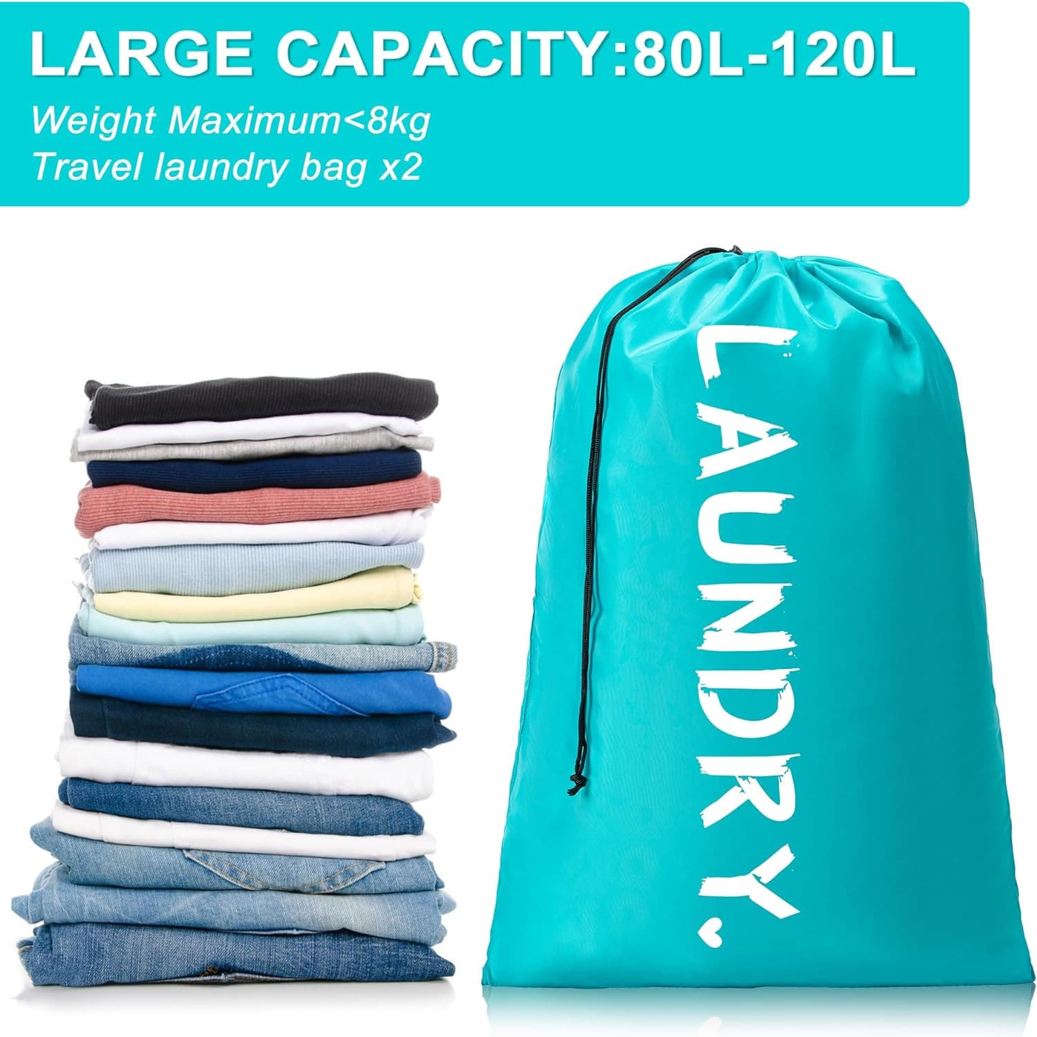2 Pack XL Travel Laundry Bag, Machine Washable Dirty Clothes Organizer with Draw 5