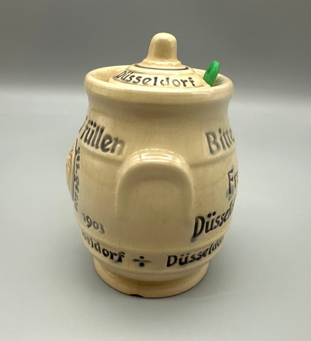 Vintage Germany Mustard Pot Frenzel Düsseldorf Löwensenf Stoneware W/Lid Spoon 4