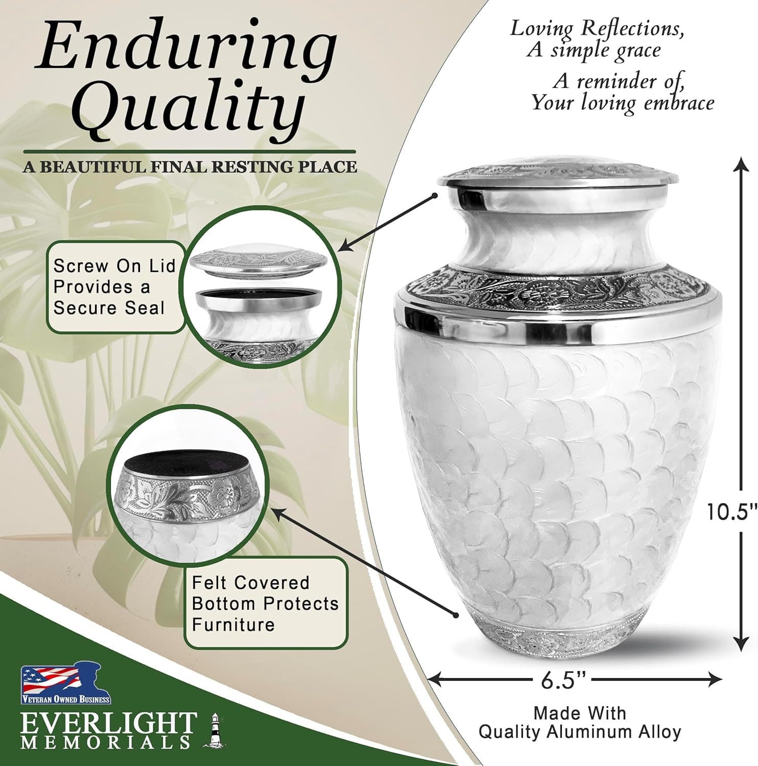 Large Adult Cremation Urn for Human Ashes, Aluminum, 11"X7", White Reflections 3