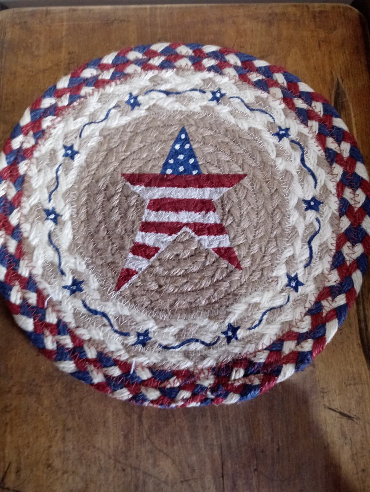 Red White Blue Americana Star 10" Round Placemat Trivet Earth Rugs, Braided Jute