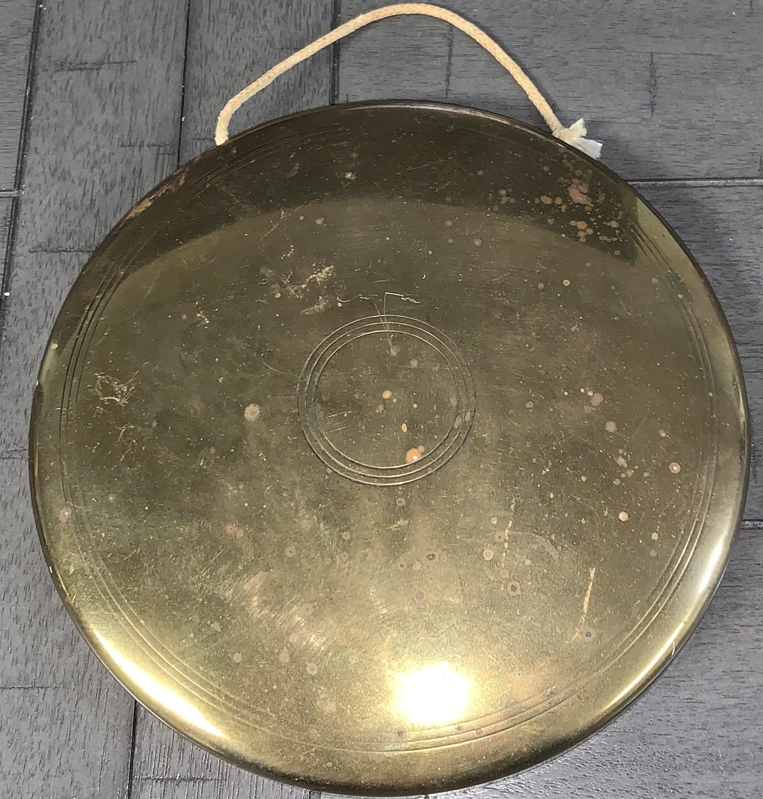 L0 VTG 7” TRADITIONAL BRASS METAL ROUND PLATE SHIP GONG BELL TIBETAN NAGAHA