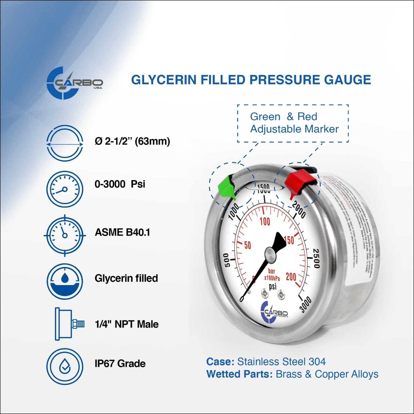 2.5" LIQUID FILLED PRESSURE GAUGE 0 - 3000 PSI, STAINLESS STEEL CASE BACK  MOUNT 2
