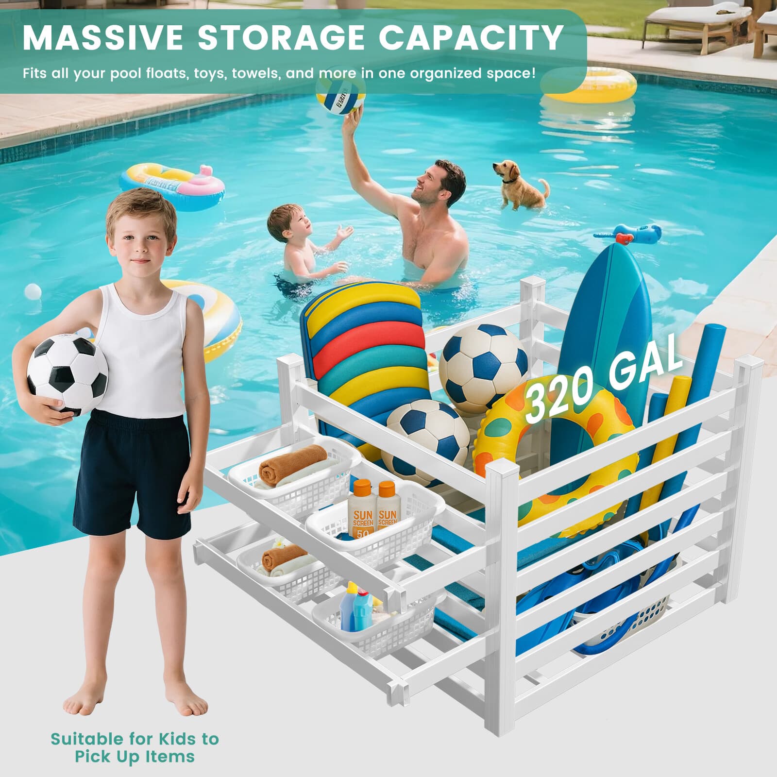 NAIZEA Pool Storage Bin 65"Wx45"Lx39" H PVC Vinyl Pool Float Storage Organizer 3